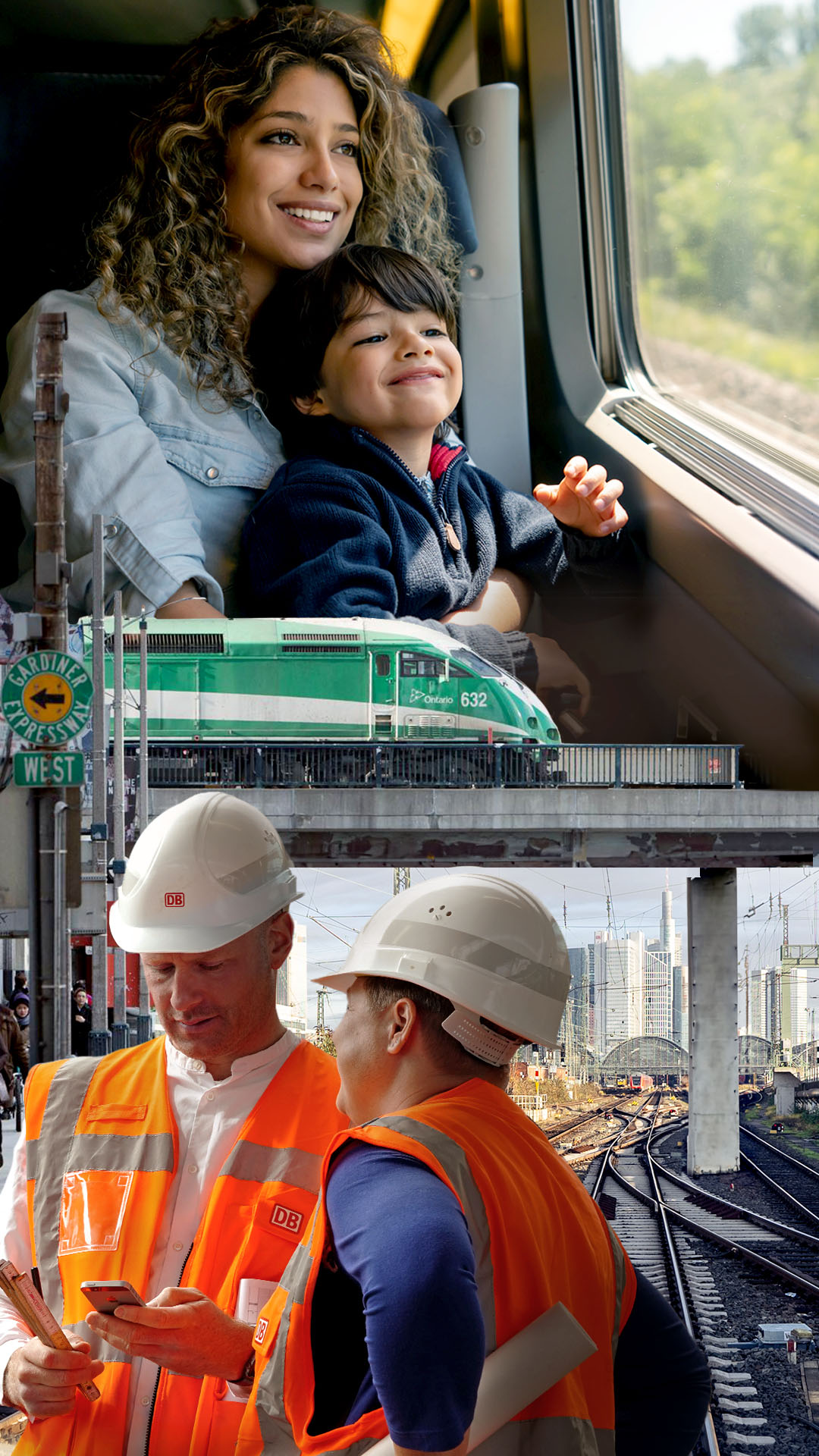 Services: Image montage with woman and child looking out of the train, a traffic shot with train and cars and employees with safety gear on the track